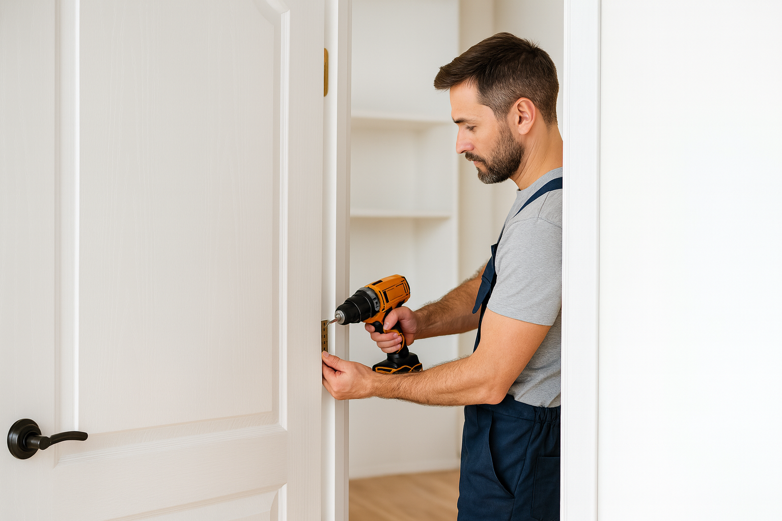 Carpintero instalando y ajustando puerta de madera en domicilio en Barcelona
